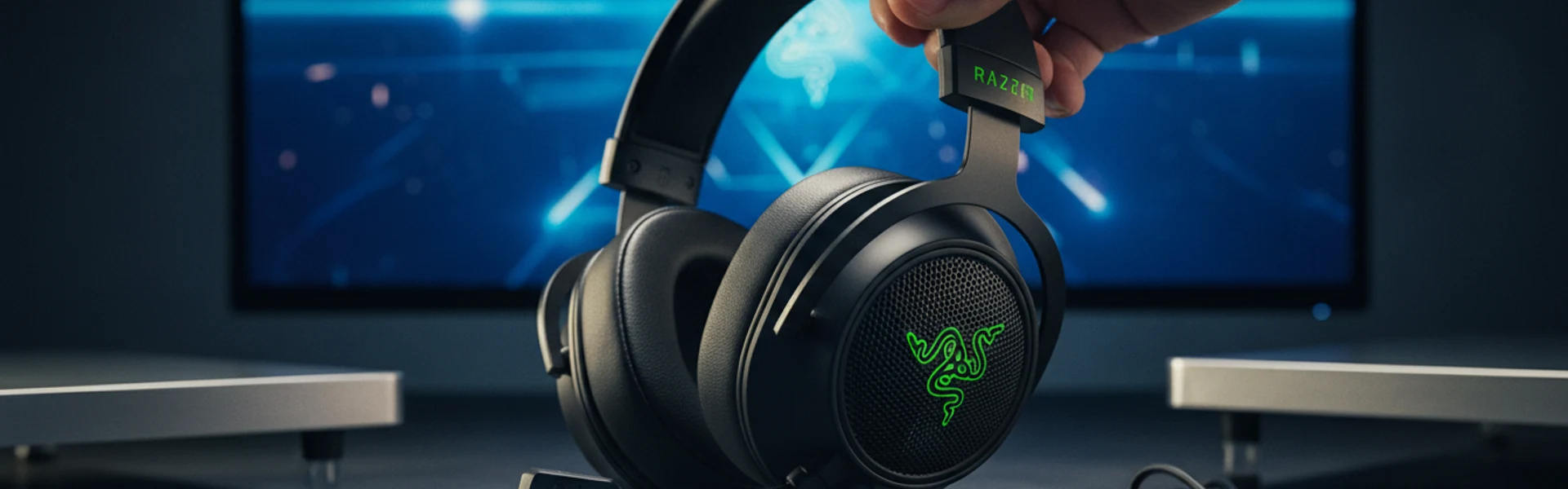 Headset gamer BENGOO negro con detalles rojos y micrófono desplegado, apoyado sobre concreto oscuro en estudio de iluminación dramática.