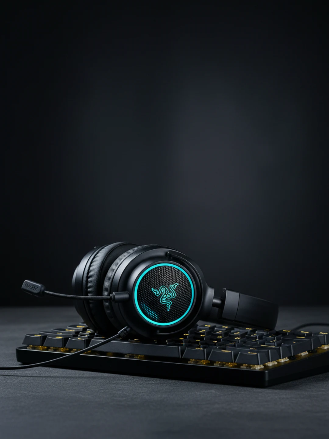 Headset gamer Redragon negro con detalles azules apoyado sobre base de concreto oscuro en estudio.