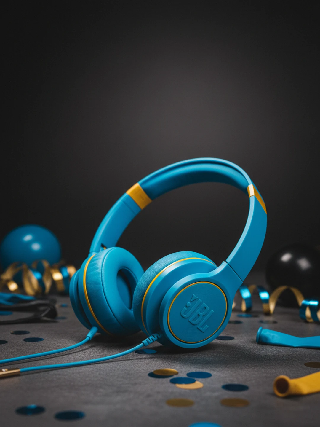 Auricular JBL Tune plegable azul brillante con una cinta de raso azul enroscada en la diadema, sobre superficie de aluminio oscuro.