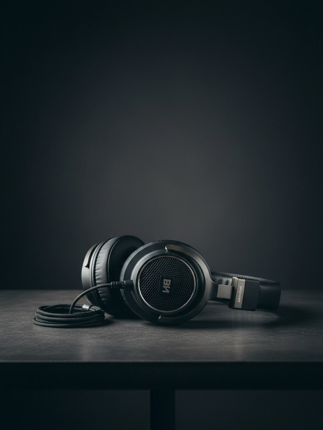 Auricular over-ear Sony negro con almohadillas de cuero sintético, iluminado con acento dorado sobre mesa de aluminio oscuro.
