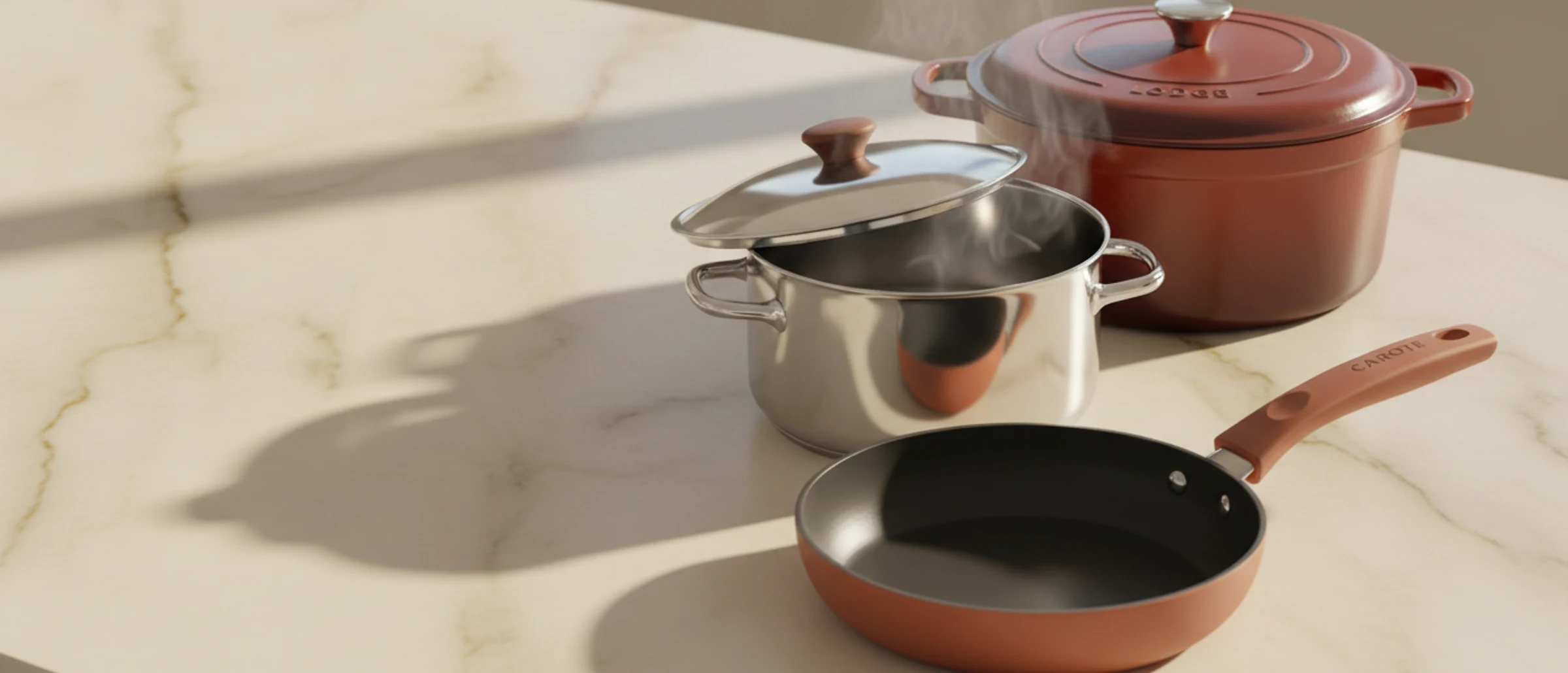 Bodegón cenital de una sartén CAROTE, una olla T-Fal con vapor y un dutch oven Lodge de hierro fundido esmaltado en rojo, sobre mármol crema con luz cálida de ventana