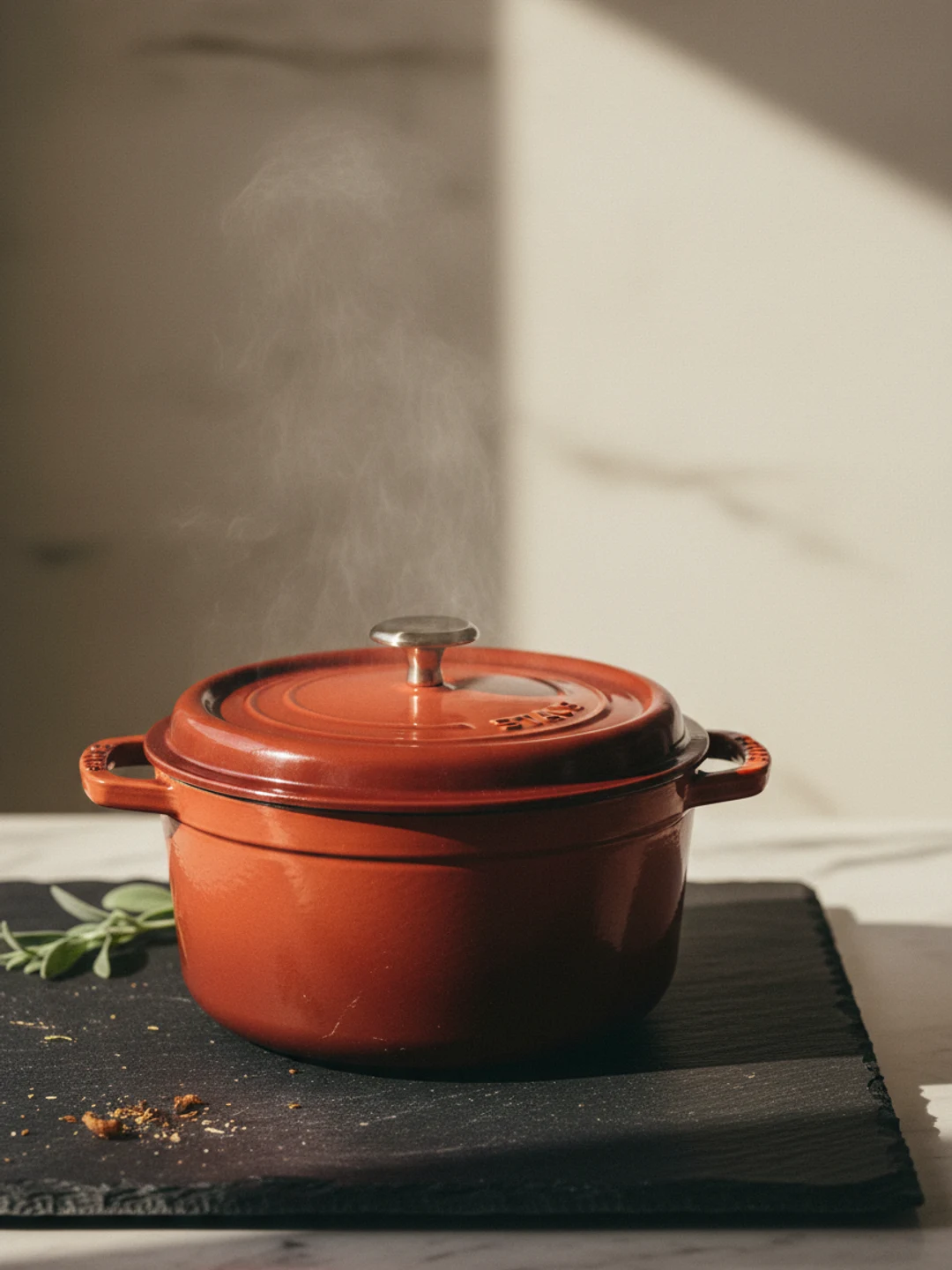 Dutch oven Le Creuset naranja sobre mesa de nogal oscuro con luz dramática lateral
