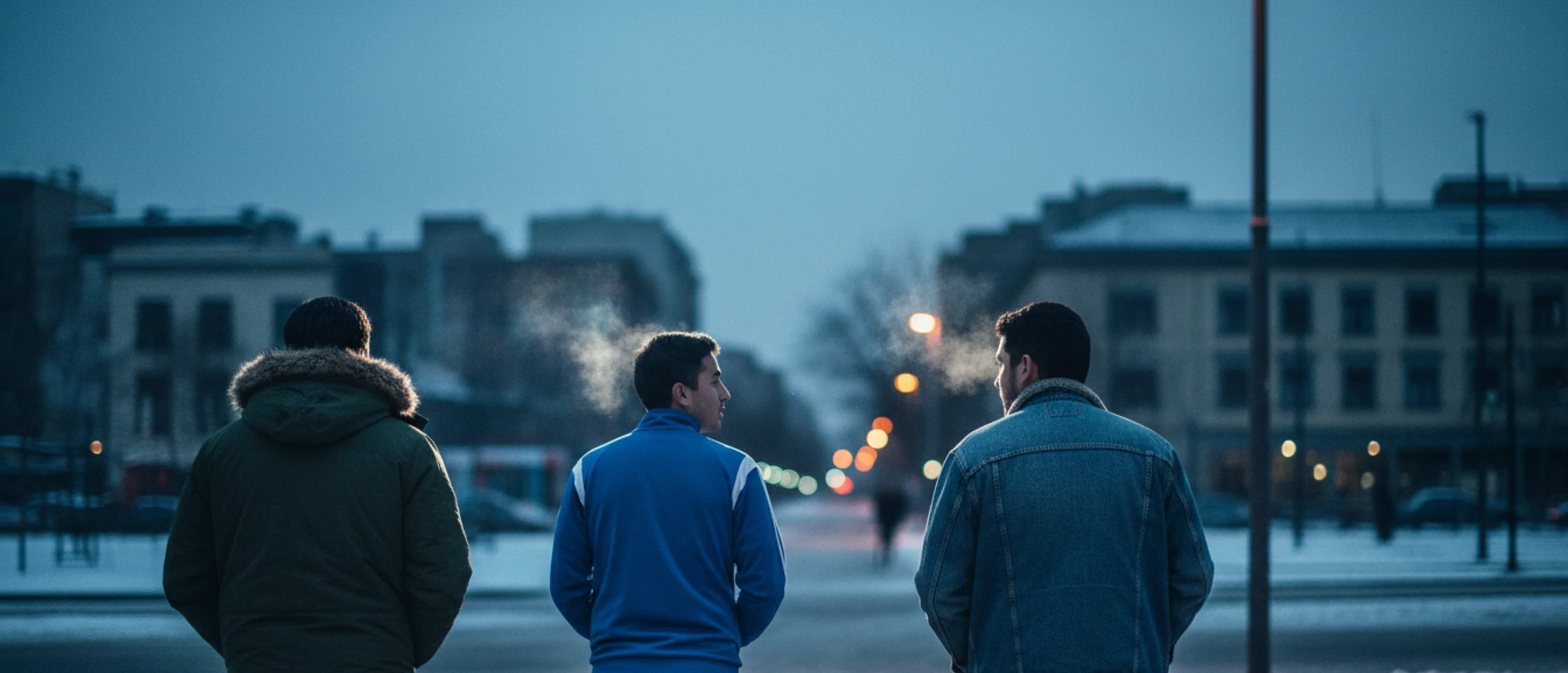 Tres personas caminando de espaldas por una calle nevada al atardecer, con una campera técnica verde con capucha, un track top deportivo azul y una campera de jean clásica.