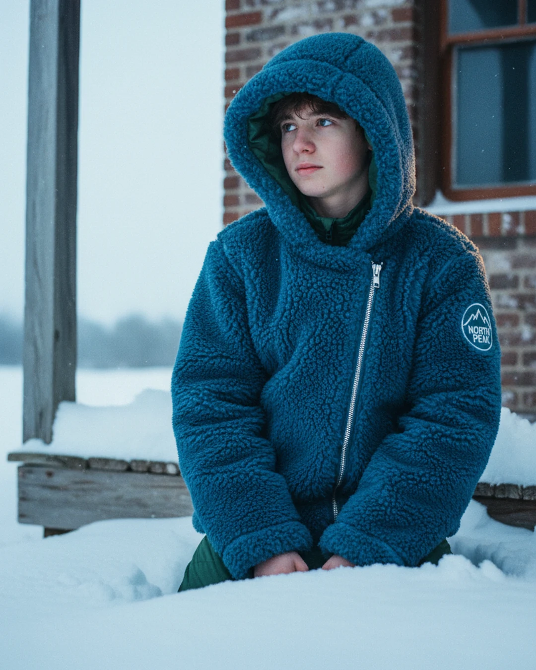 Campera infantil acolchada con capucha y forro polar colgada junto a una ventana con luz de invierno.