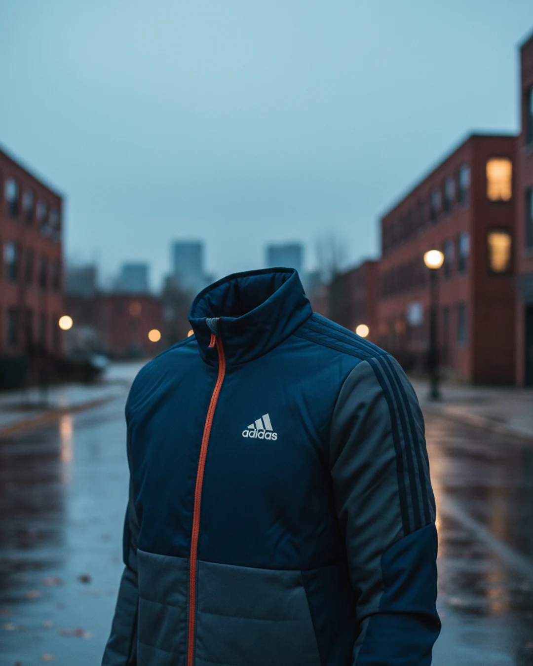 Track top deportivo adidas azul con tres franjas sobre asfalto urbano mojado con reflejos de neón.