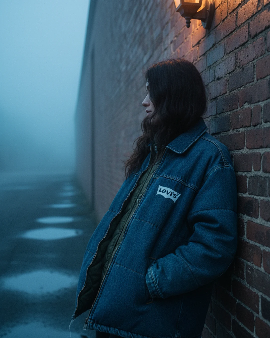 Campera de jean estilo trucker de Levi's colgada contra una pared de ladrillo con luz cálida de atardecer.